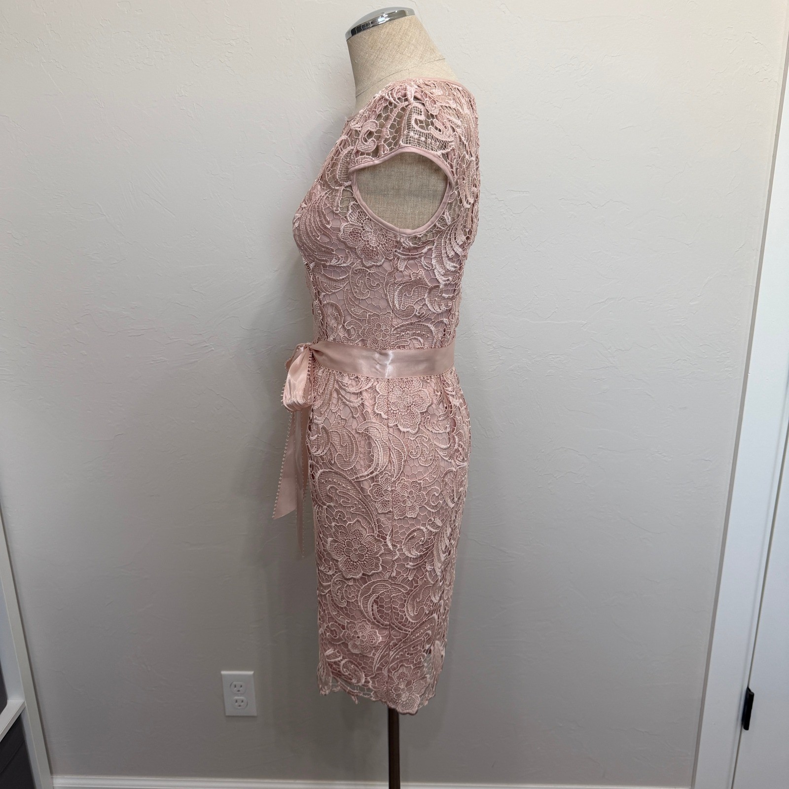 Adrianna Papell 2 Lace Cap Sleeve Illusion Sheath Dress Knee Length Scallop Hem