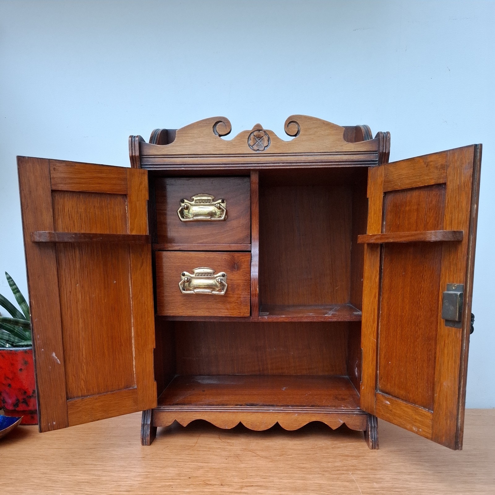 Vintage Antique Edwardian Arts and Crafts Wooden Smokers Cabinet 2 Drawers 32cm