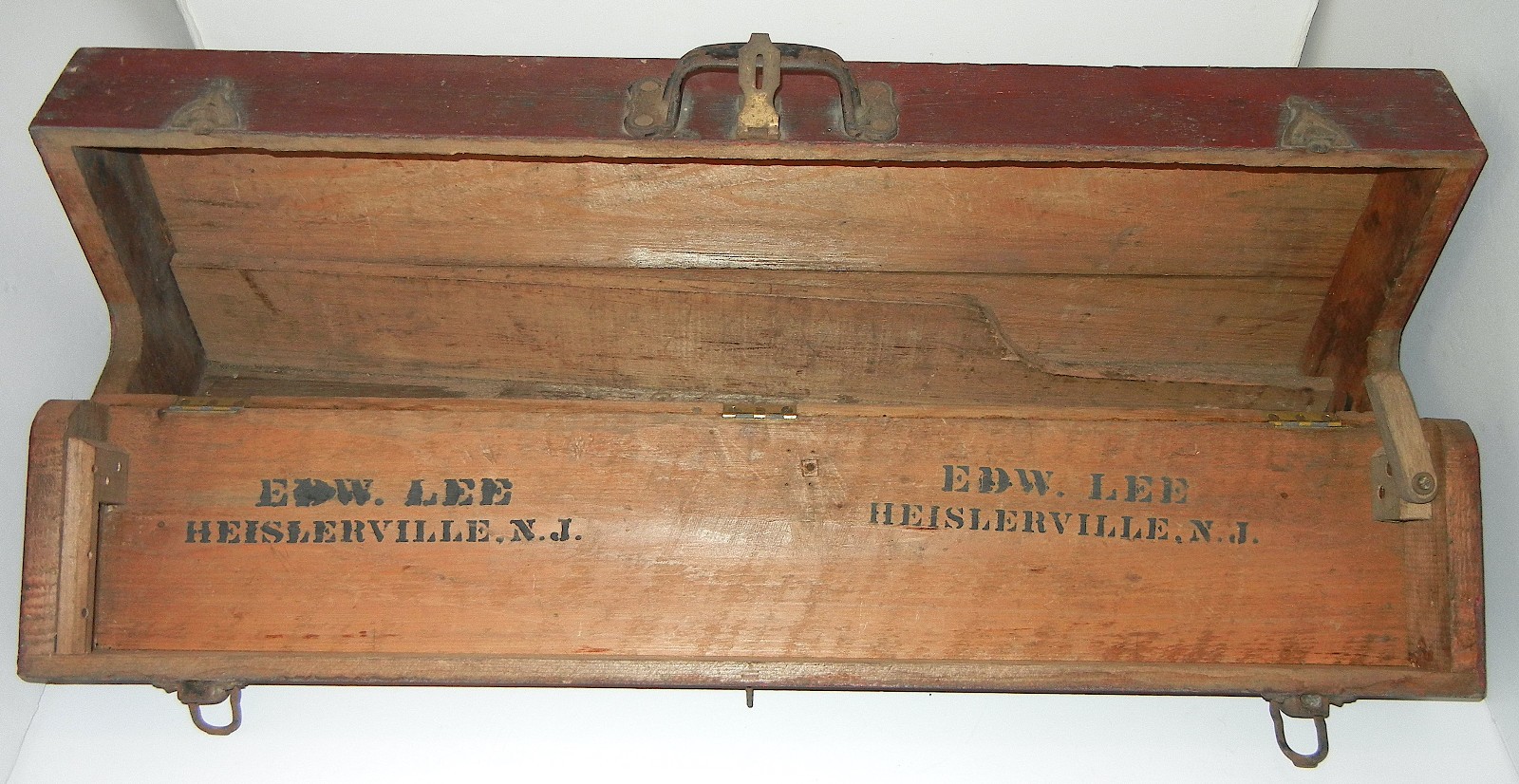 VINTAGE ANTIQUE ED LEE HEISLERVILLE NJ CARPENTER WOOD TOOL BOX OLD RED PAINT