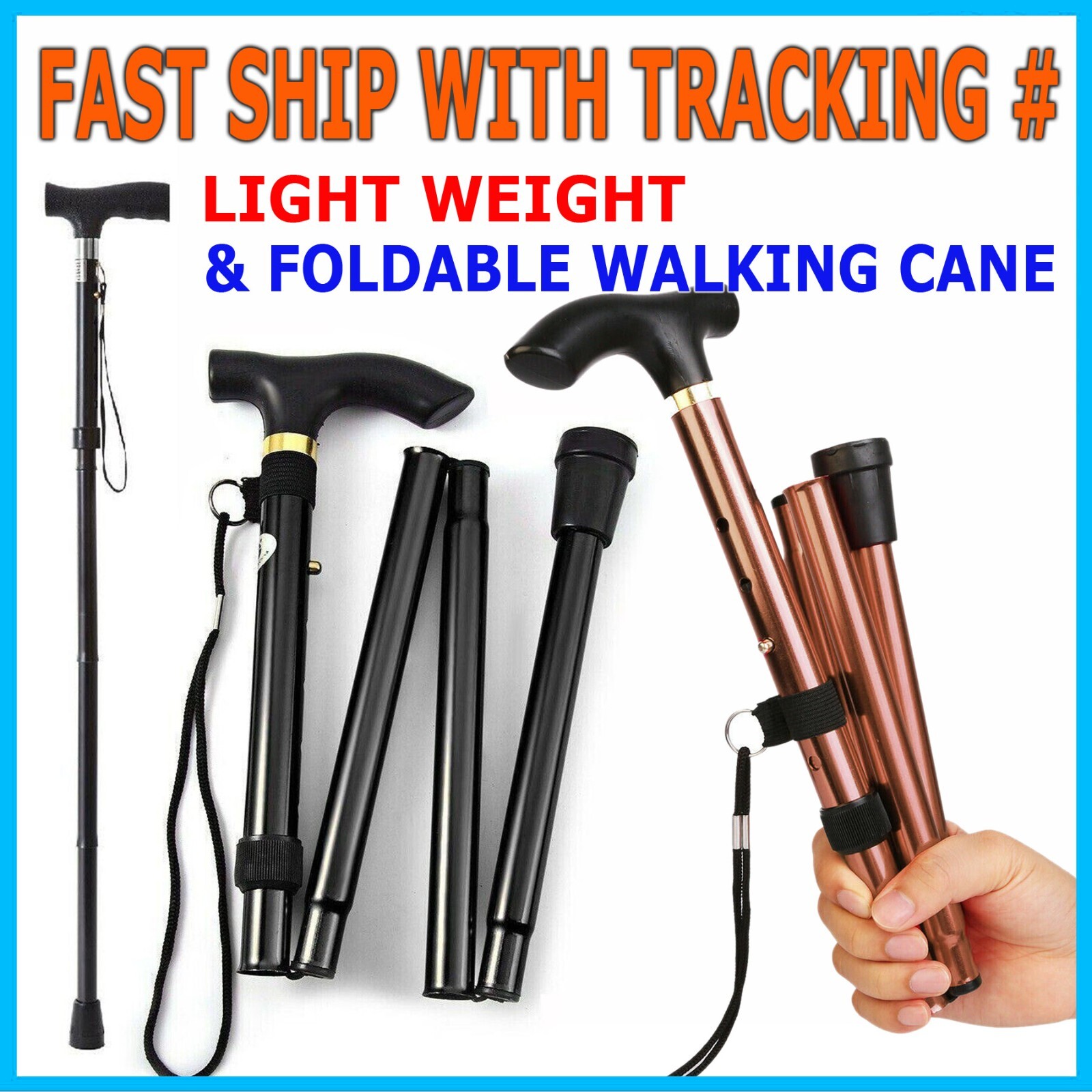 Adjustable Walking Cane Aluminum Walking Stick Folding Collapsible Travel Hiking