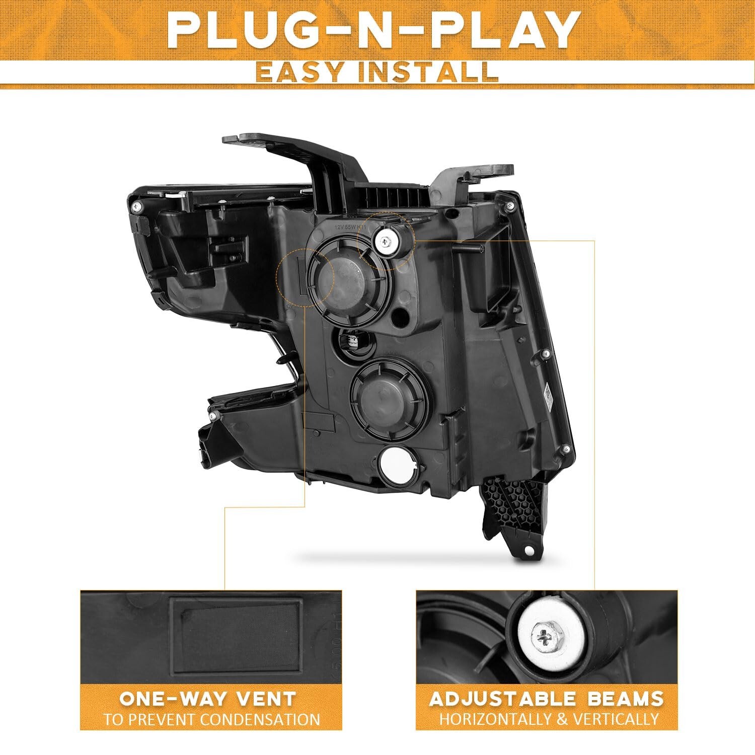 WEELMOTO Black Headlights For 2015-2020 Chevy Tahoe Suburban Chrome Lamps LH+RH