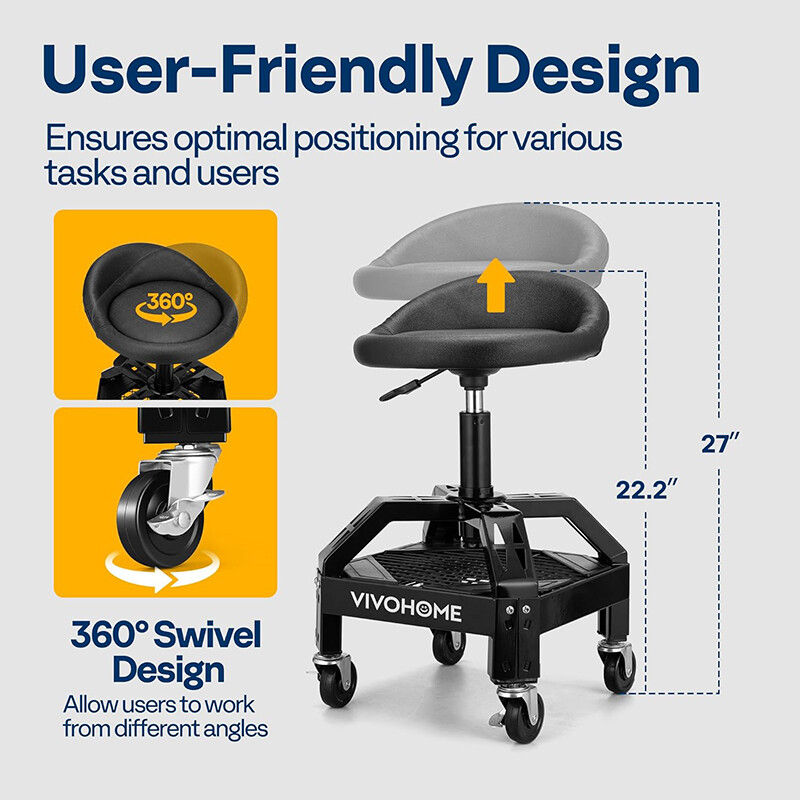 Rolling Garage Stool 300LBS Adjustable Height Mechanic Work Shop Seat w/ Casters