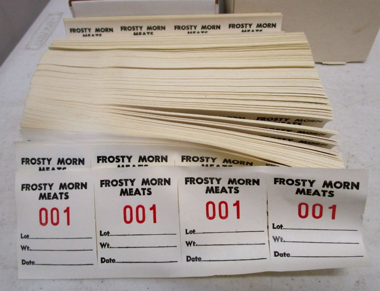VINTAGE NOS FROSTY MORN MEATS FOOD GROCERY STORE 1-1000 PAPER TAGS
