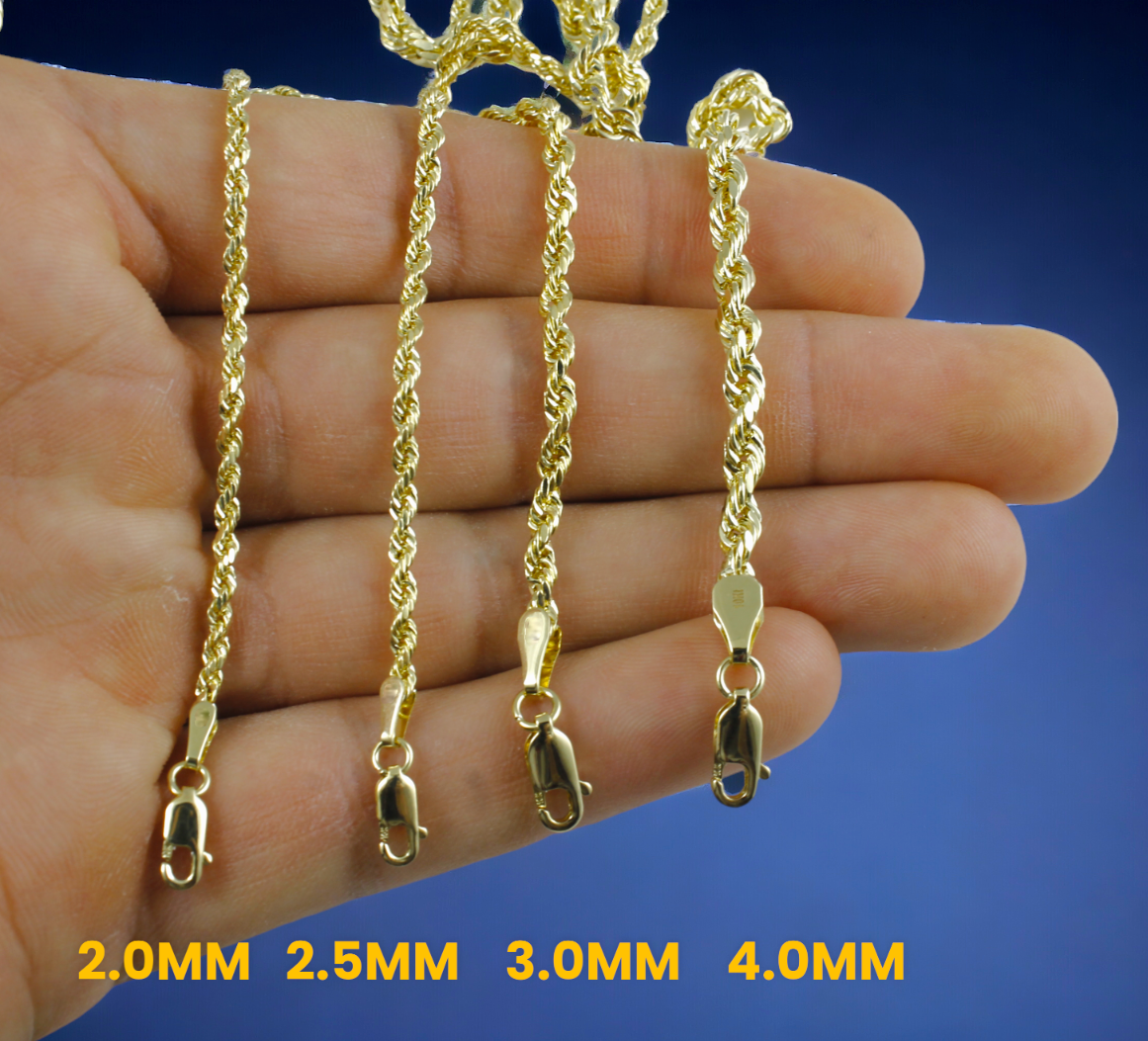 10K Yellow Gold 2mm-10mm Rope Chain Necklace Diamond Cut All Sizes Real