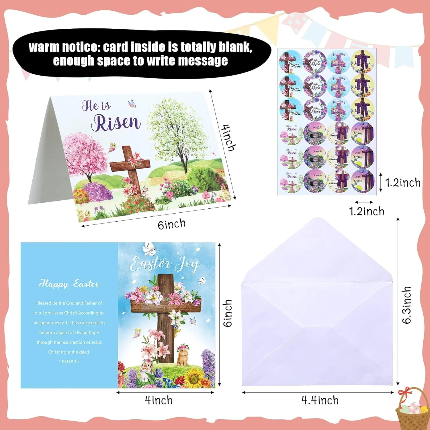Easter Greeting Card Set with Envelopes and Stickers - 24 Religious Cards