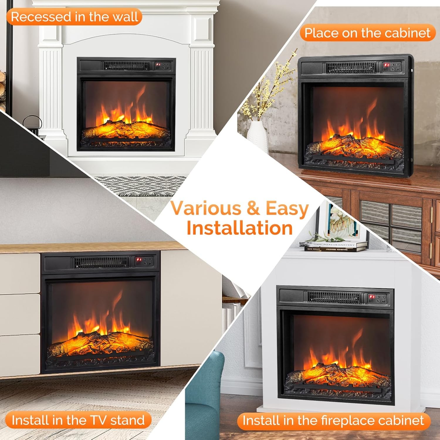 18" Recessed Electric Fireplace Heater Insert With 6 Colors Flame, Remote, APP