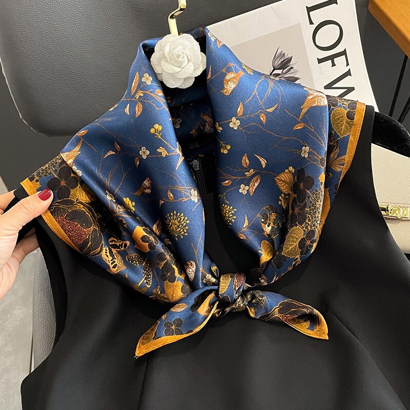 100% Silk Scarf Women Vintage Blue Leaves Kerchief Square Bandana Wrap 68*68cm