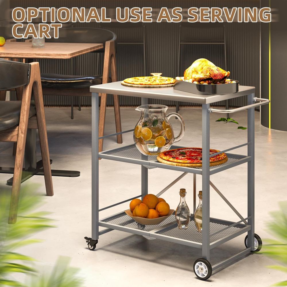 Outdoor Grill Table, Stainless Steel 3-Tier Folding BBQ Prep Table with Casters