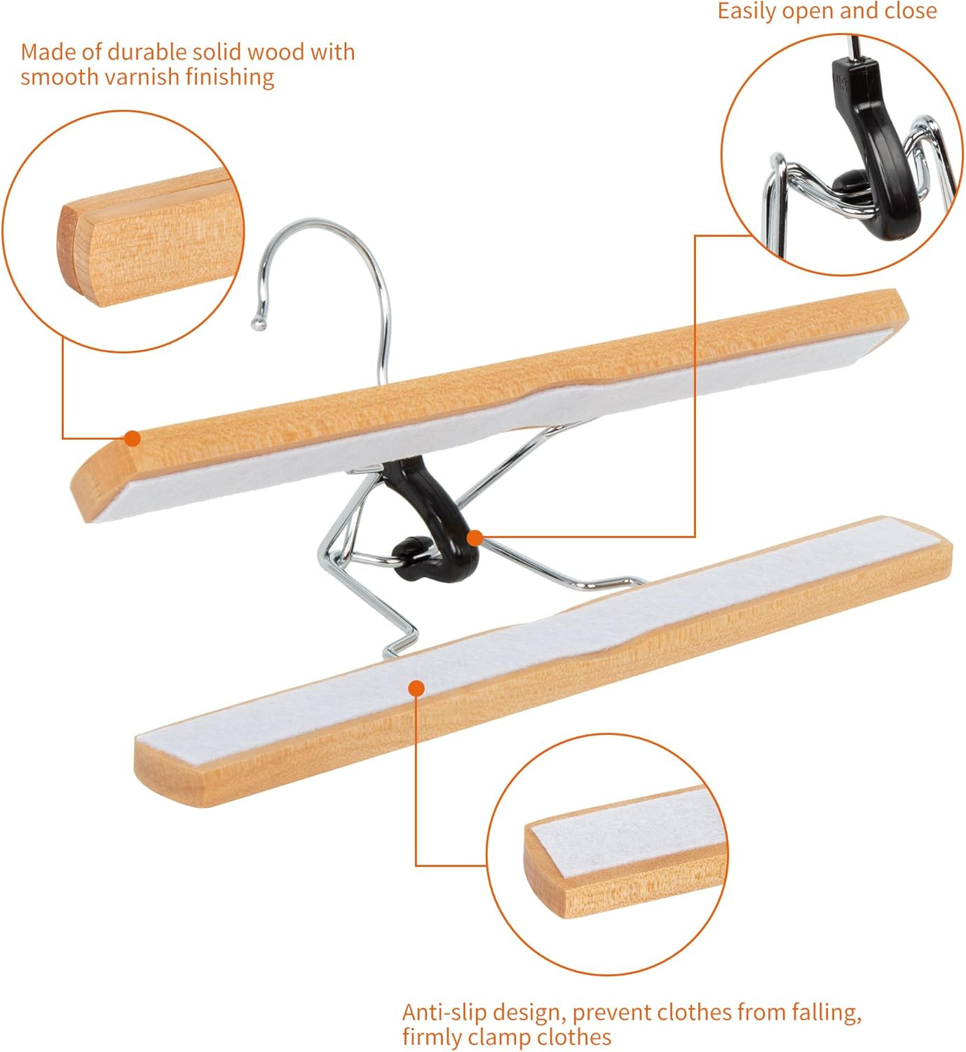 10-Pack Wooden Pants Hangers Natural Finish for Trousers Slacks Jeans