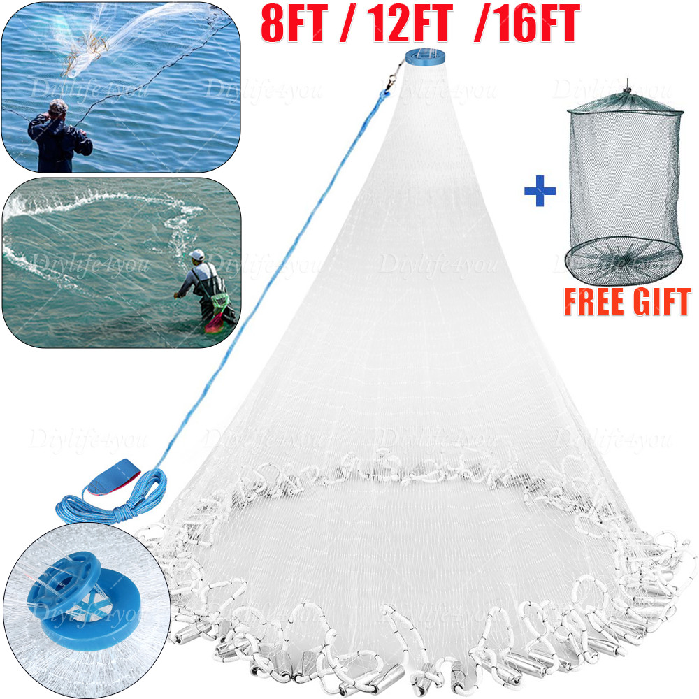 6/8/10/12/20FT Fishing Cast Net Bait Easy Throw Hand Cast Strong Nylon Trap Mesh
