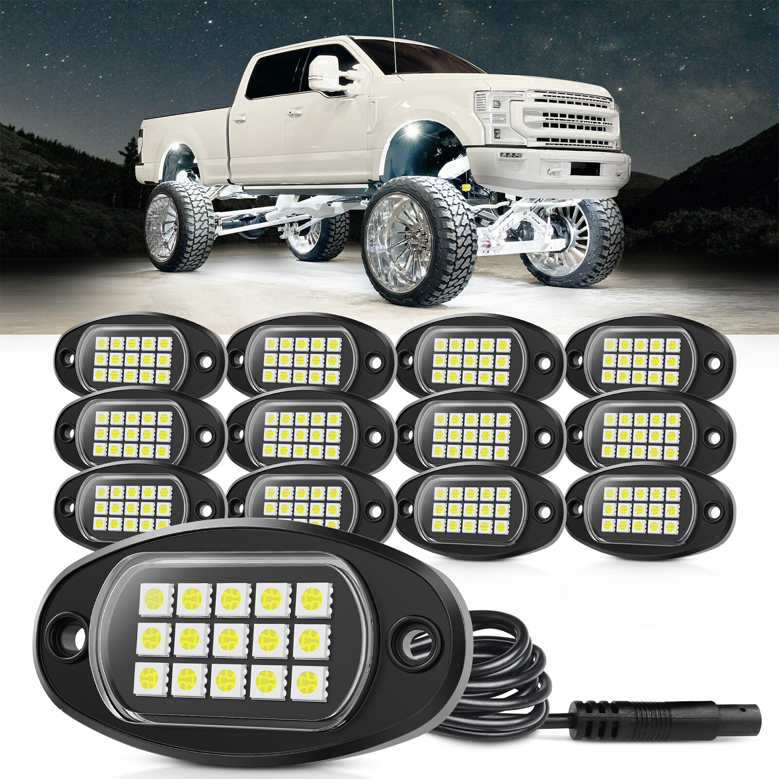 12 PCS Pure White LED Rock Lights, Waterproof Underglow Underbody Lighting Kit
