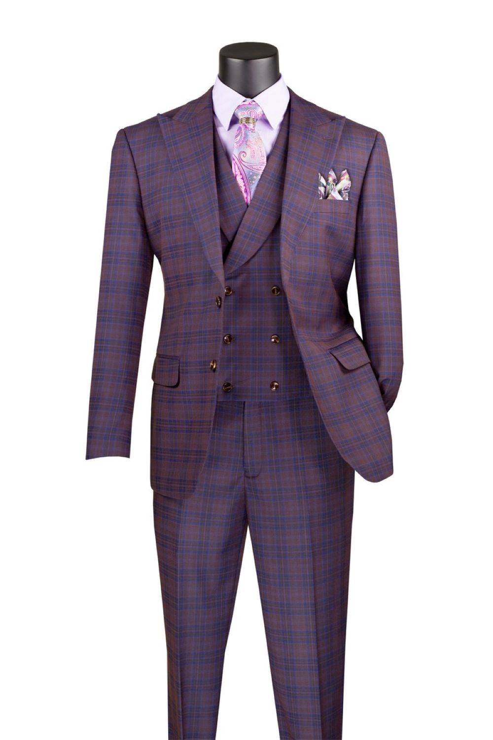 Vinci Men's Modern Fit Glen Plaid Peak Lapel 3-Piece Suit with Vest Purple