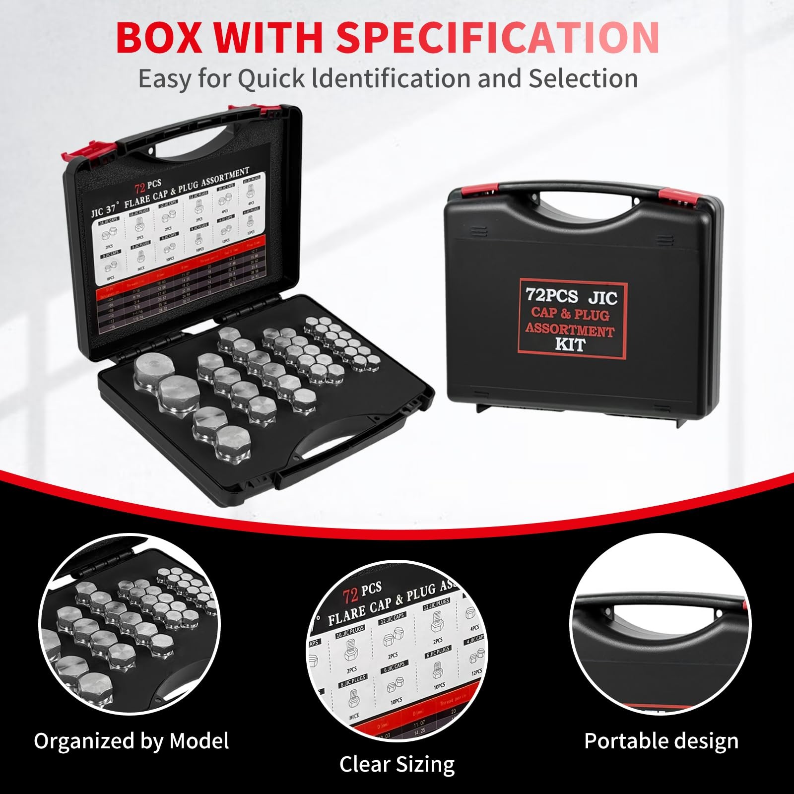 72PCS JIC Cap and Plug Set, 37 Degree Flare 4, 6, 8, 10, 12, 16, silver