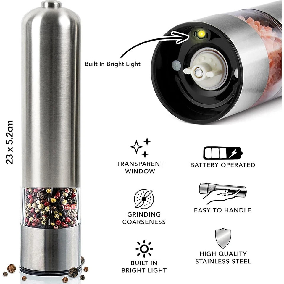 2 Pack Electric Salt Pepper Grinder Mill Shakers Set Adjustable Stainless Steel