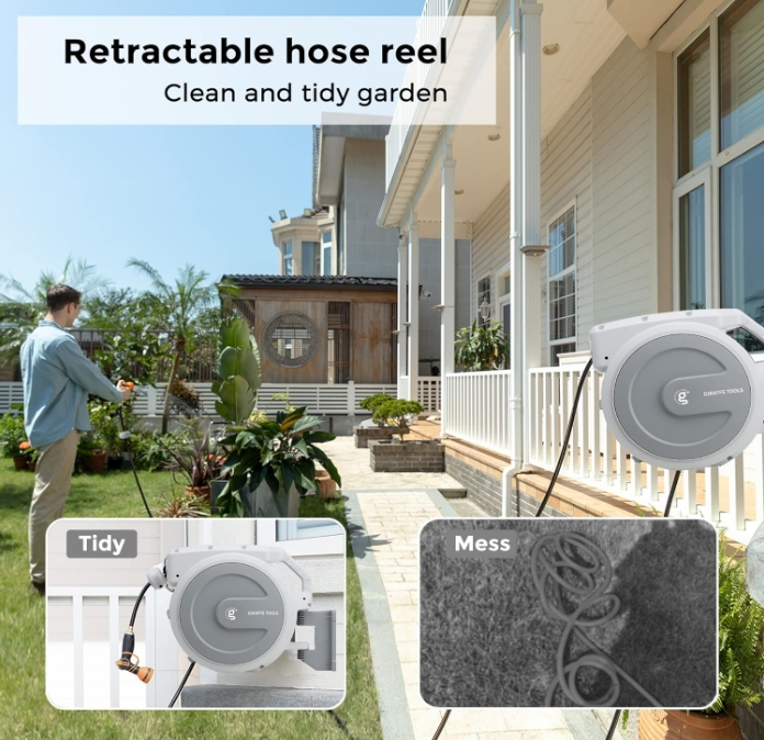 Giraffe Tools Retractable Garden Hose Reel Wall Mounted 130 ft