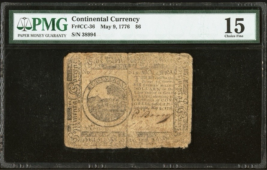 1776 American Revolution $6 Continental Currency, Colonial Bank Note CC-36 PMG