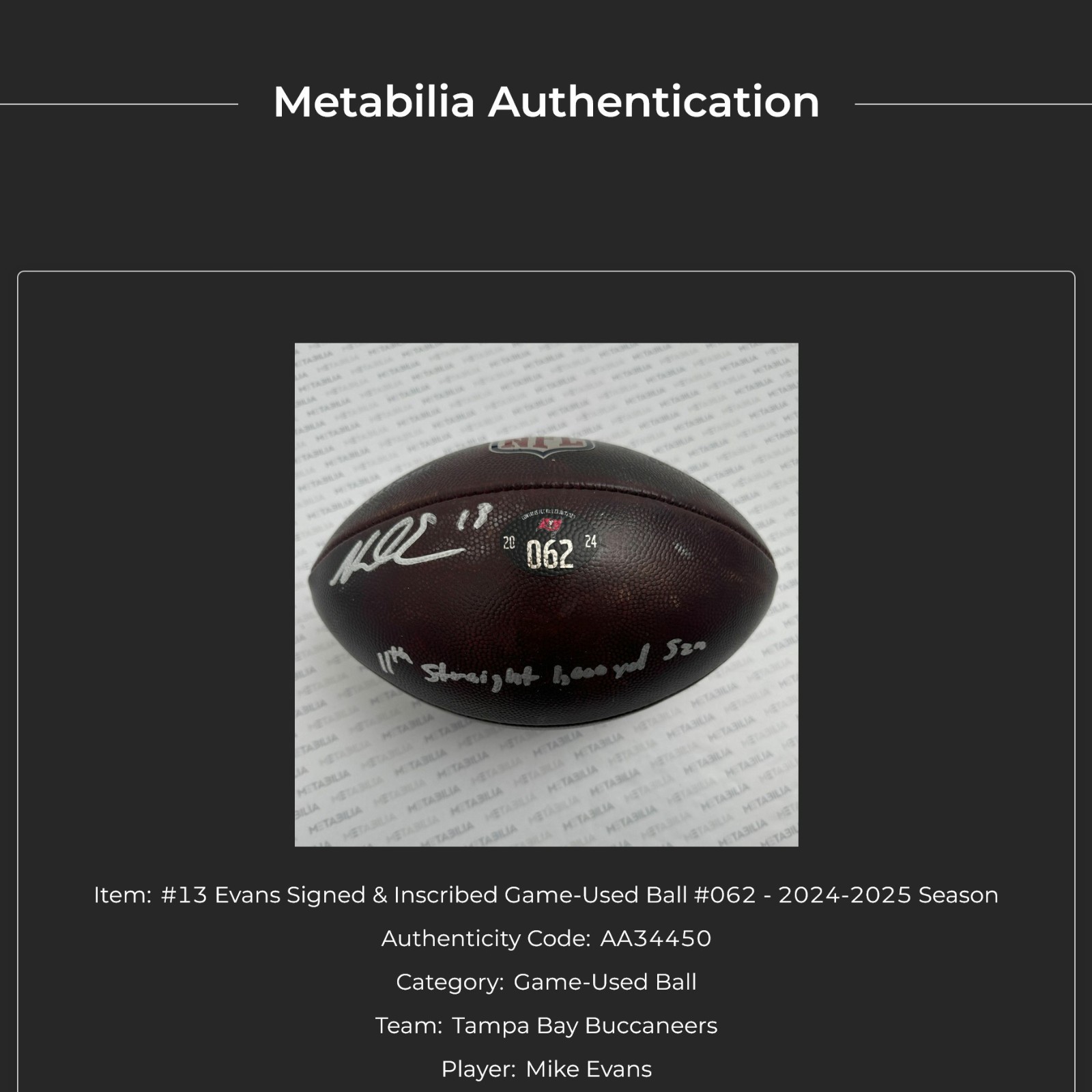 🏈Mike Evans GAME-USED💪Signed +Inscribed Ball Tampa Bay Buccaneers 24-25 Season