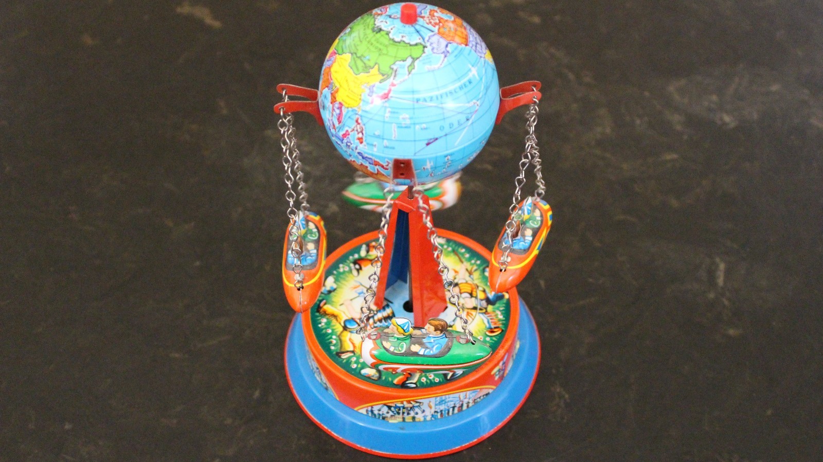 Vintage Toys Schylling Tin Elephant on a Bike, Spinning Globe,Happy Easter Bunny