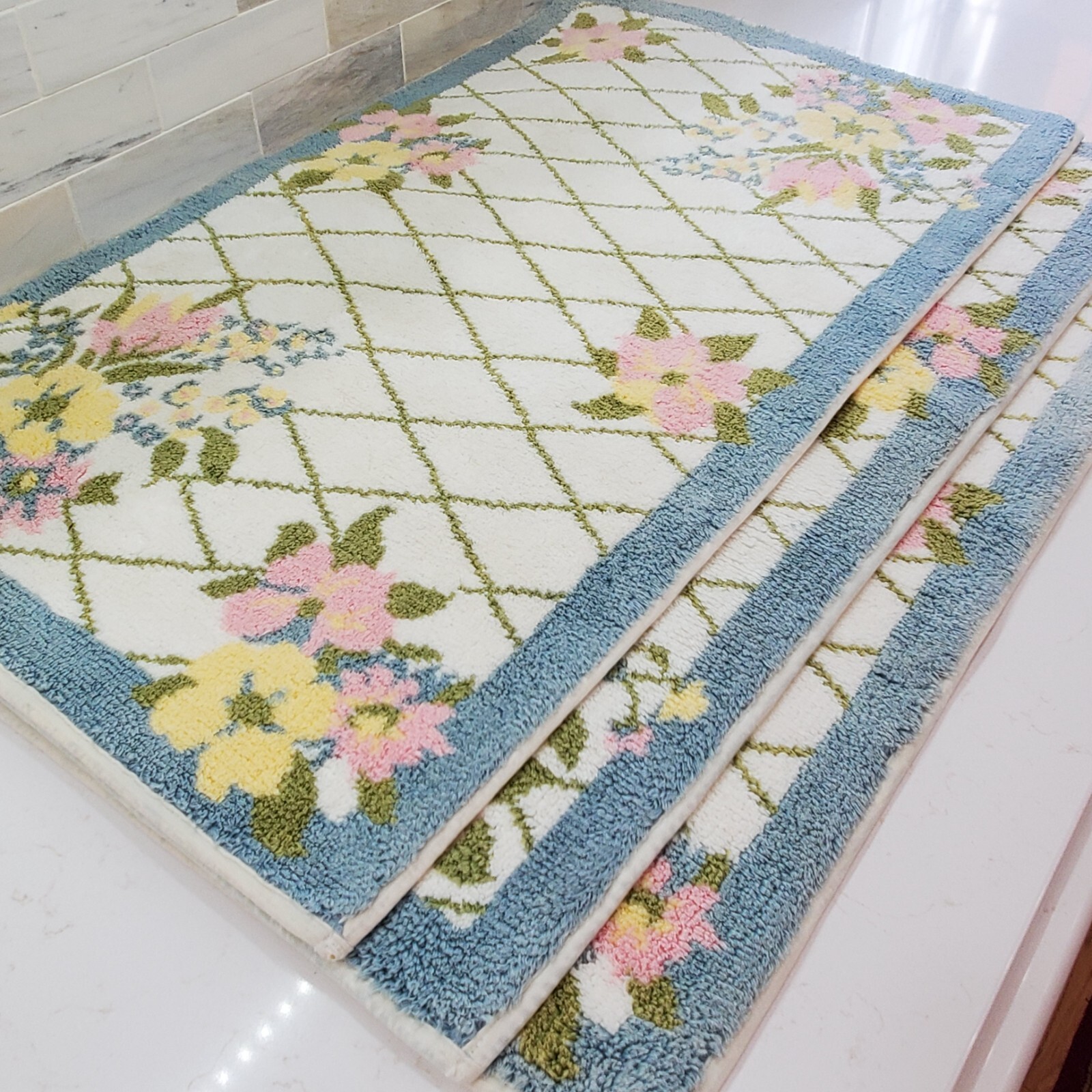 Longaberger Bath Mat Rug Pastel Trellis Pattern Blue Pink Cream White 18.5"x31"