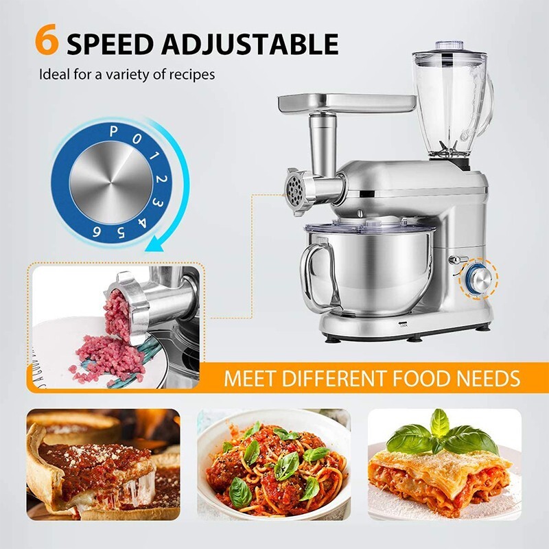 3In1 Food Stand Mixer Stainless Steel Bowl Meat Grinder Blender 6QT 6 Speed