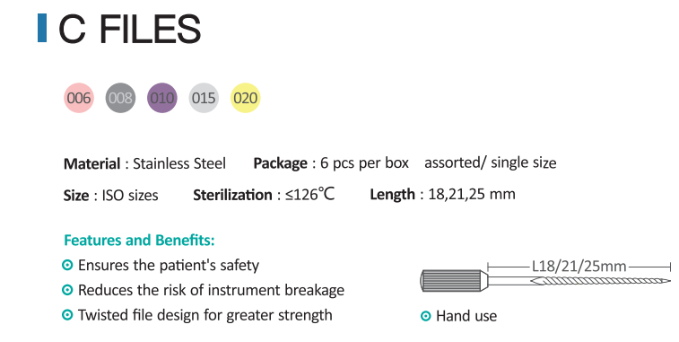 Dental Rotary Endodontic C-Files Stainless Steel C Files for Root Canal #8-15