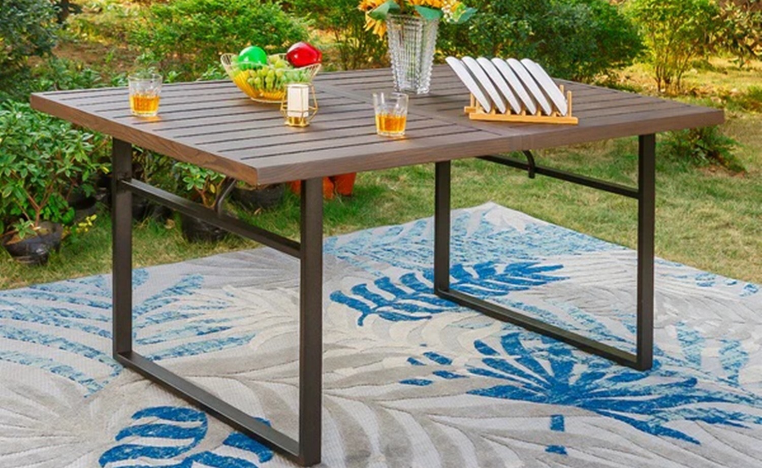 Outdoor Dining Table for 6 Person Rectangular Patio Metal Table U-shaped legs