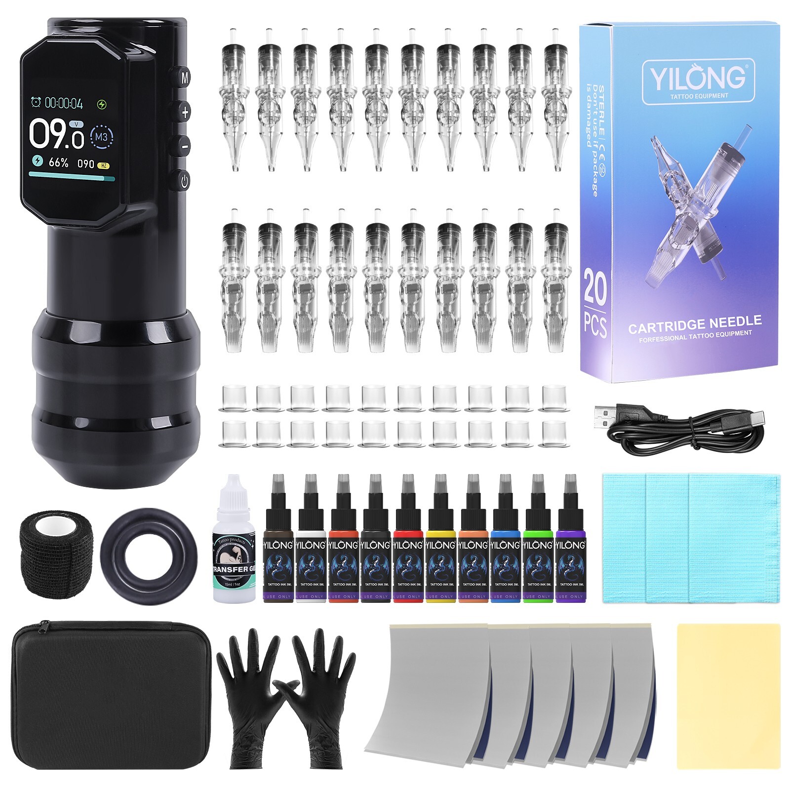 Wireless Tattoo Pen Machine Kit Complete LED Screen with Ink Needles for Artists