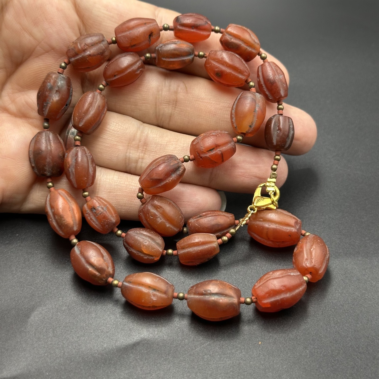 Vintage Himalayan Tibetan Carnelian Carved Agate Oval Shape Beads Necklace Mala