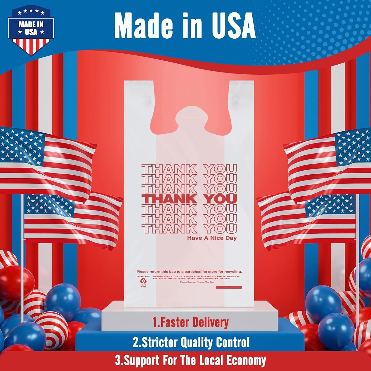 1000 Thank You T-Shirt Bags 12" x 6.5" x 21", Plastic Grocery Shopping Bags