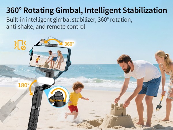 TOALLIN Mobile Phone Gimbal Stabilizer,Foldable Selfie Stick,Fill Light,w/Remote