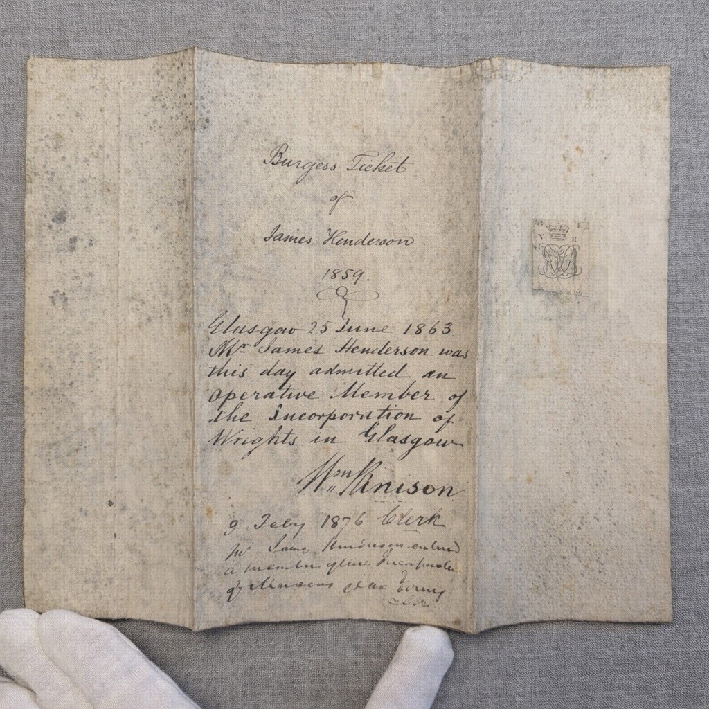 1859 Glasgow Scotland Antique Manuscript Certificate Guild Admission w Seals