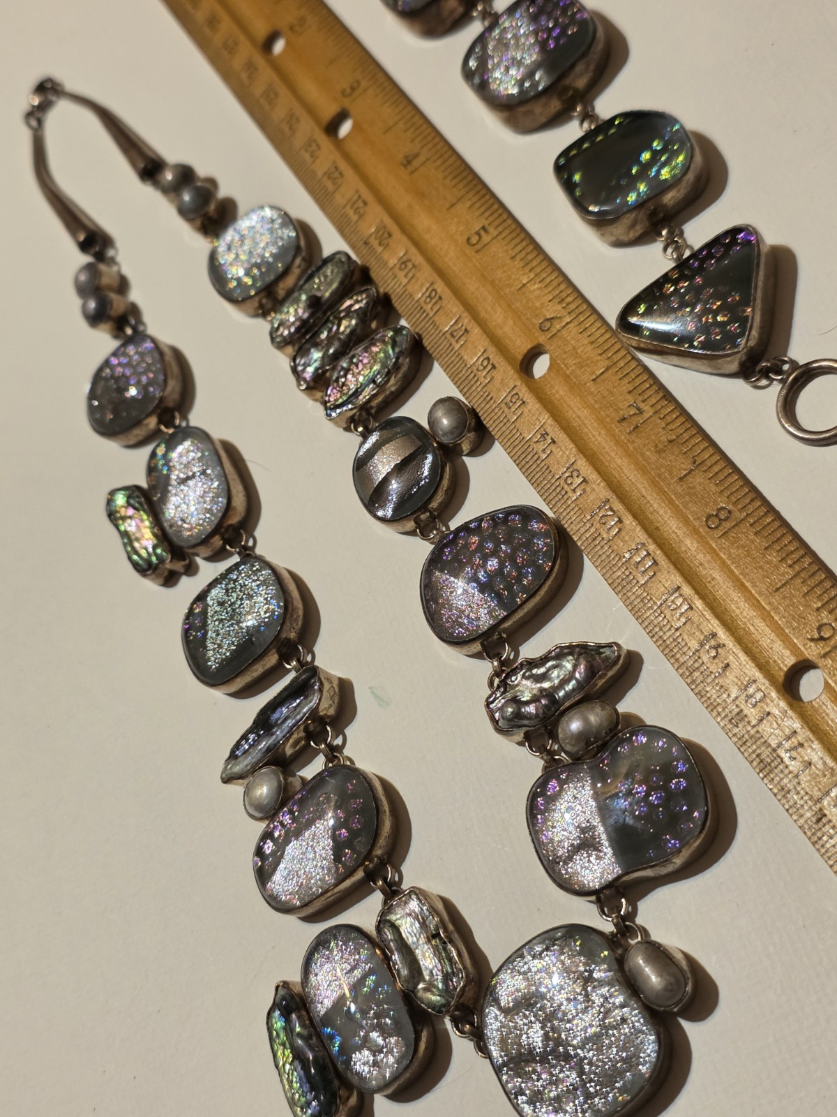 Signed Sterling Silver Dichroic Art Glass Necklace Bracelet Set Large Statement