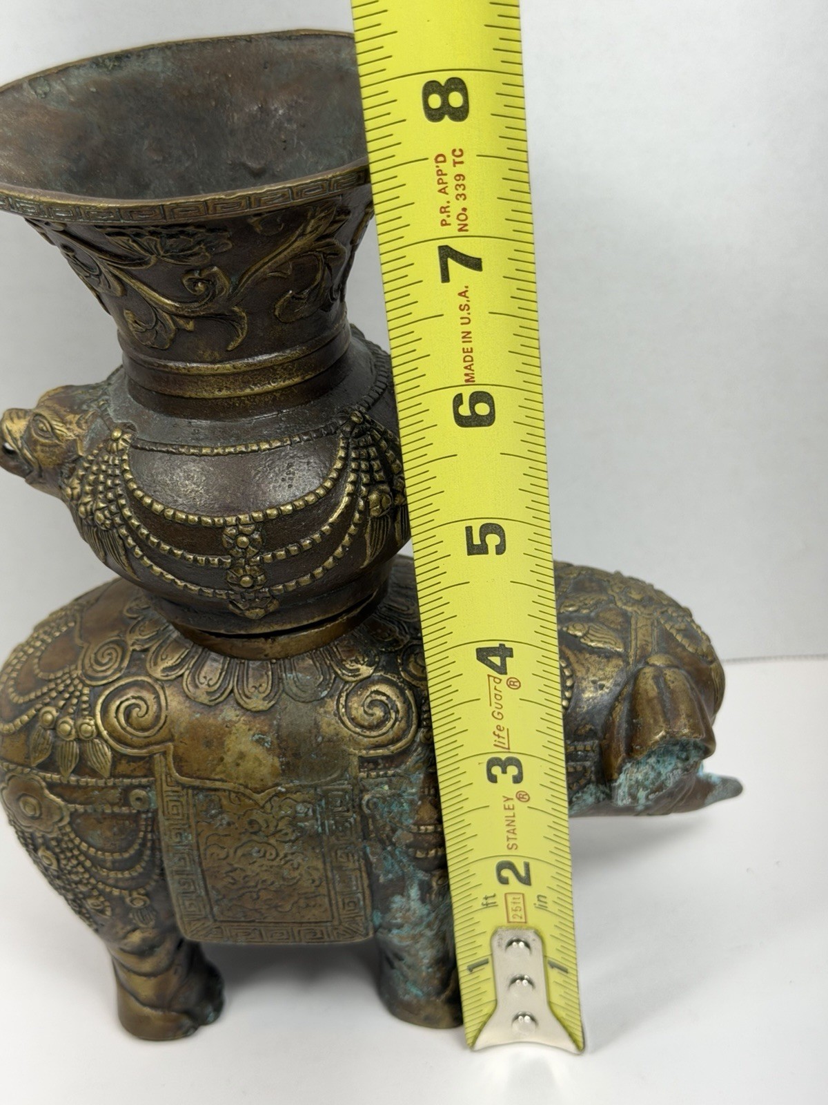 Vintage Chinese Bronze Elephant Censer Incense Burner Vase 7.5” Tall Heavy