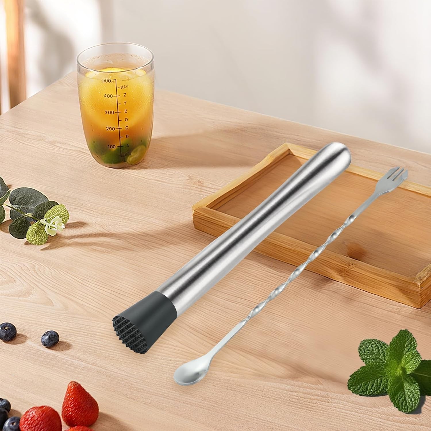2Pcs 10'' Muddler and Spoon Set for Cocktails 304 Stainless Muddler+spoon
