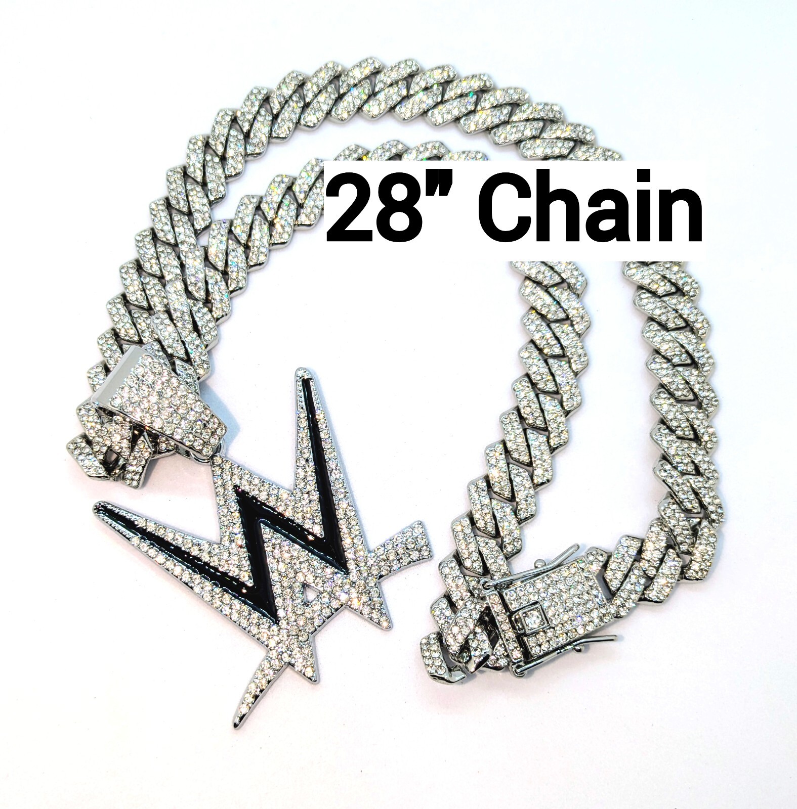 WWE GEM NECKLACE Silver Bling Pro-Wrestling Logo Hip Hop Pendant & 28" Chain