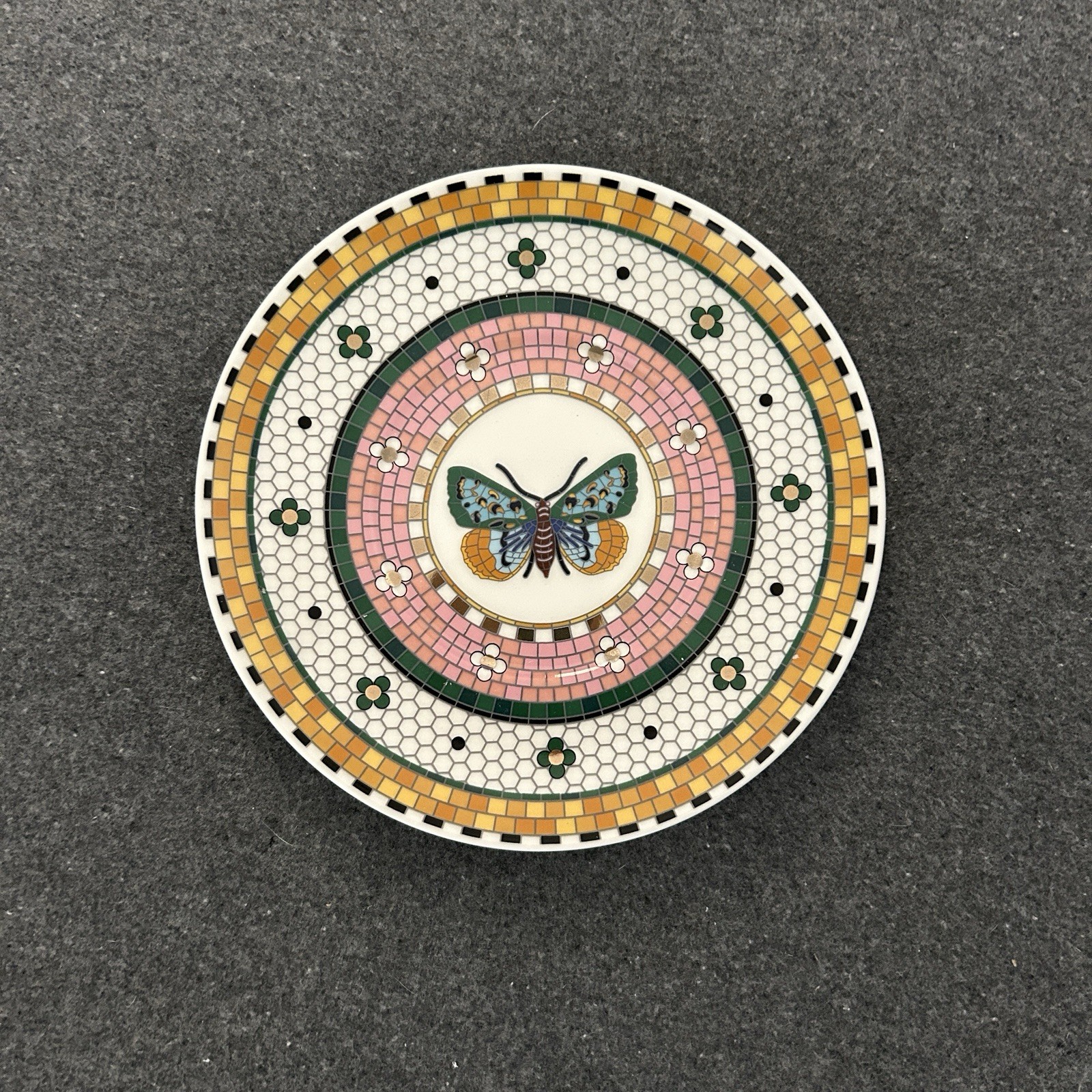 Anthropologie Bistro Tile Espresso Cup Saucer Set Pink Butterfly 24K Gold NEW