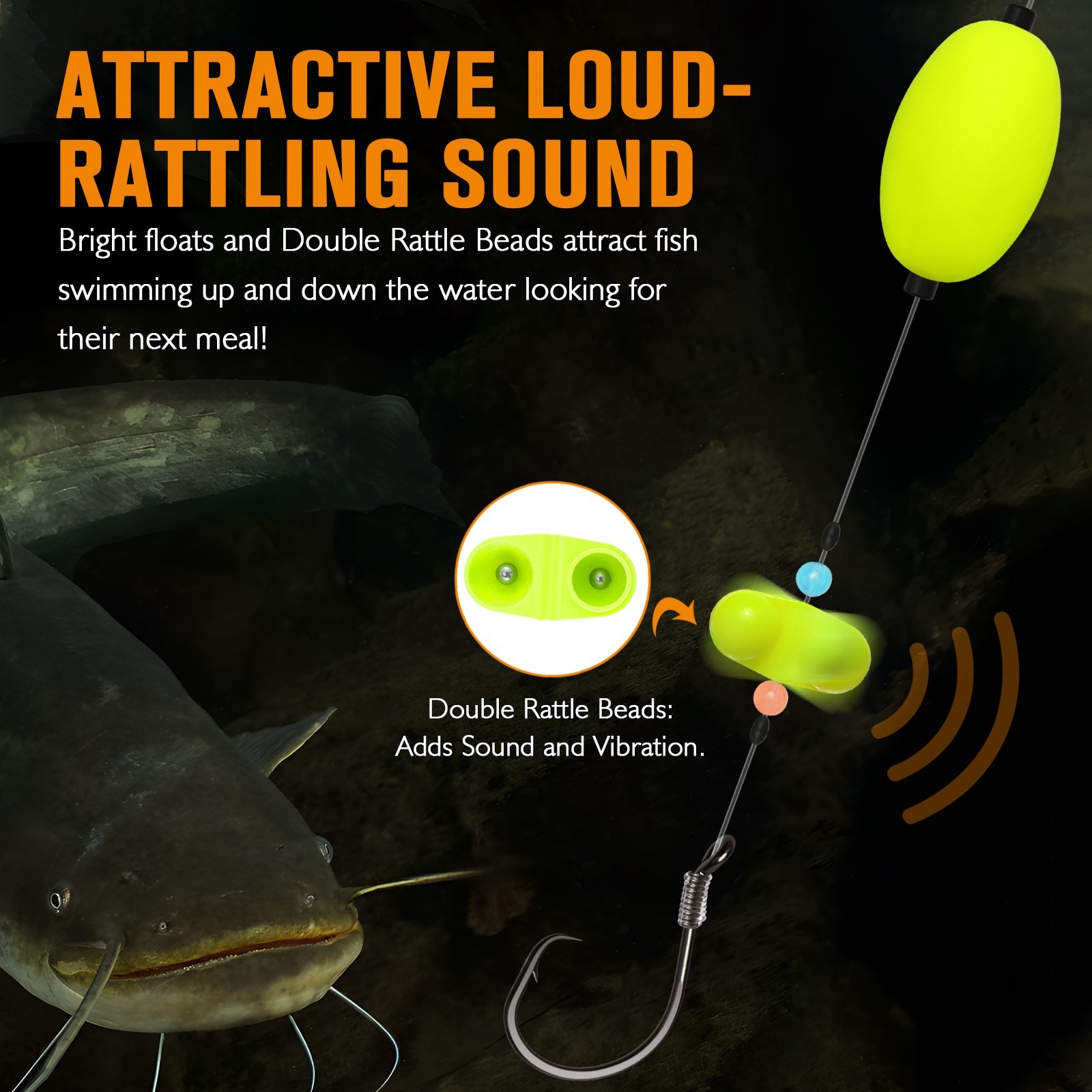 Dovesun 6PCS Catfish Rigs with Oval Float, 8/0 Circle Hooks, Double Rattle Beads