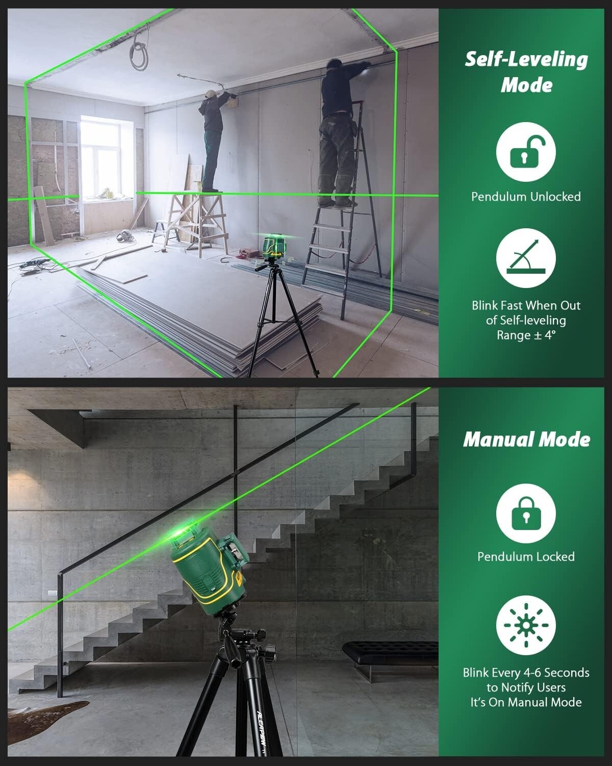 ALEAPOW 3D Laser Level, 147ft 3x360° Green Laser Level, 5.2Ah Battery, SelfLevel