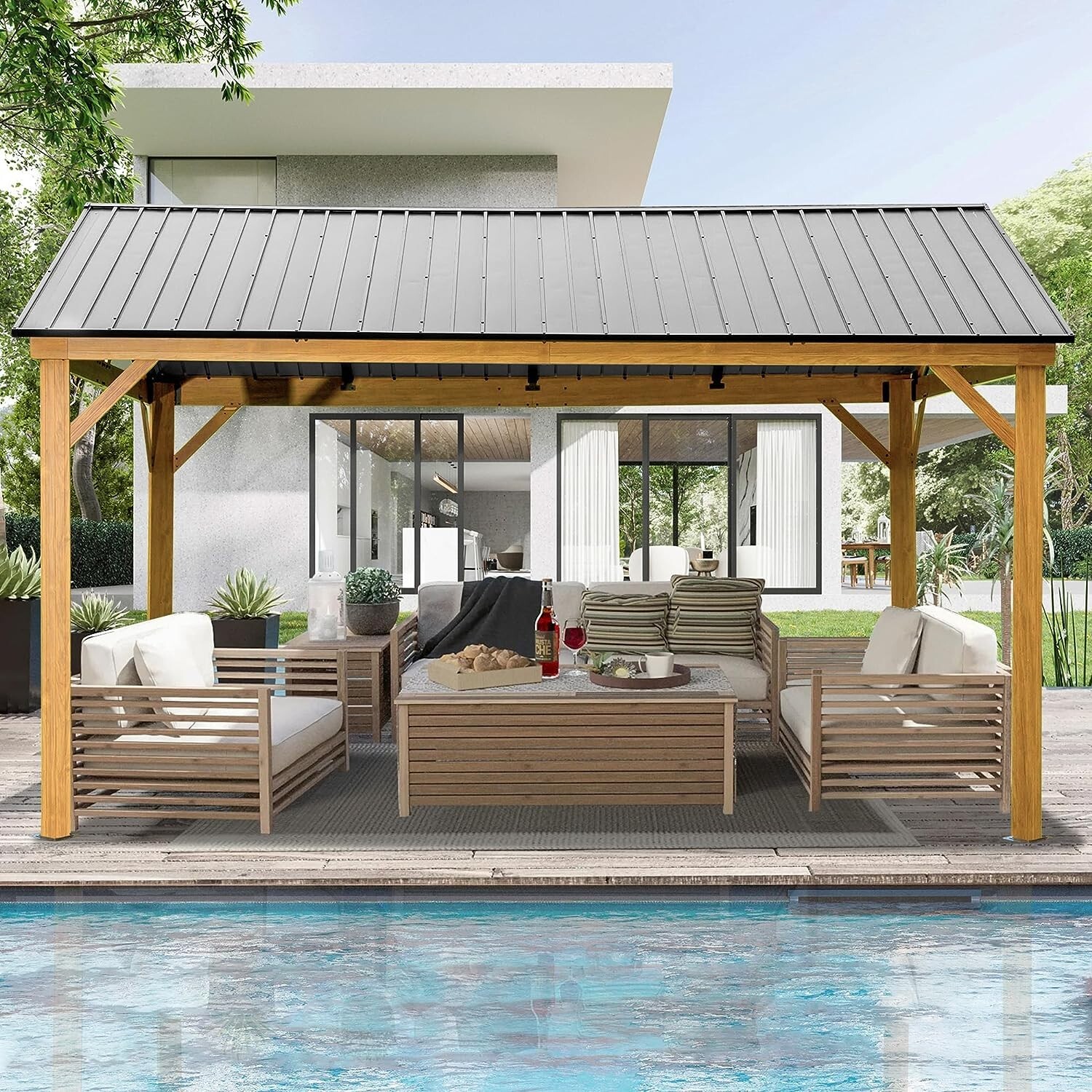 Domi 12' x 14' Outdoor Hardtop Gazebo w/Galvanized Steel Canopy(Wood Looking)