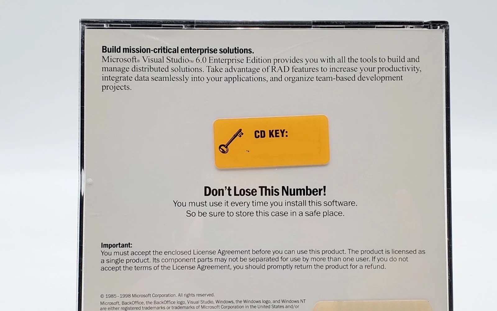 Microsoft Visual Studio 6.0 ENTERPRISE Disc 1, 2, &3 w/ CD Key Vintage