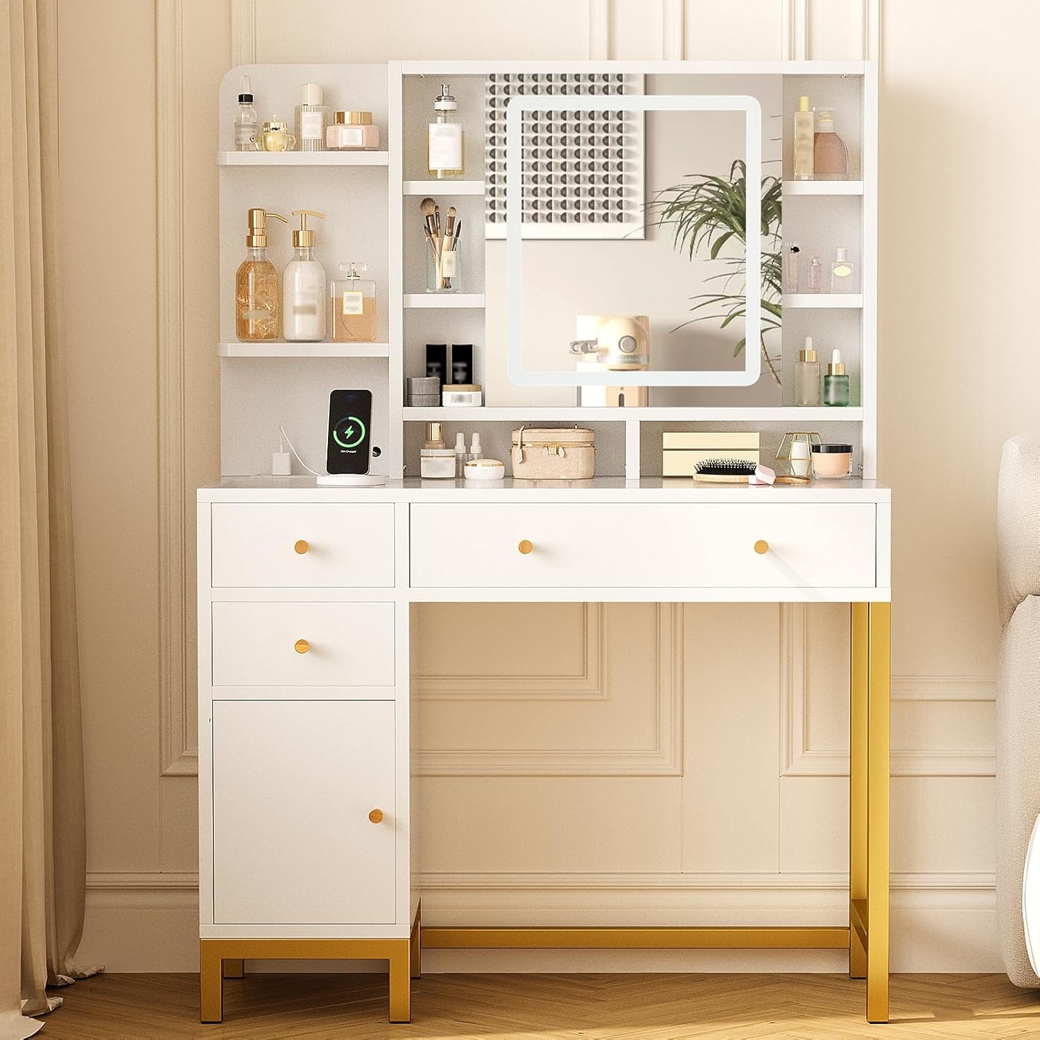 White Vanity Desk w LED Mirror, Makeup Table with Lights, Power Outlet & Storage