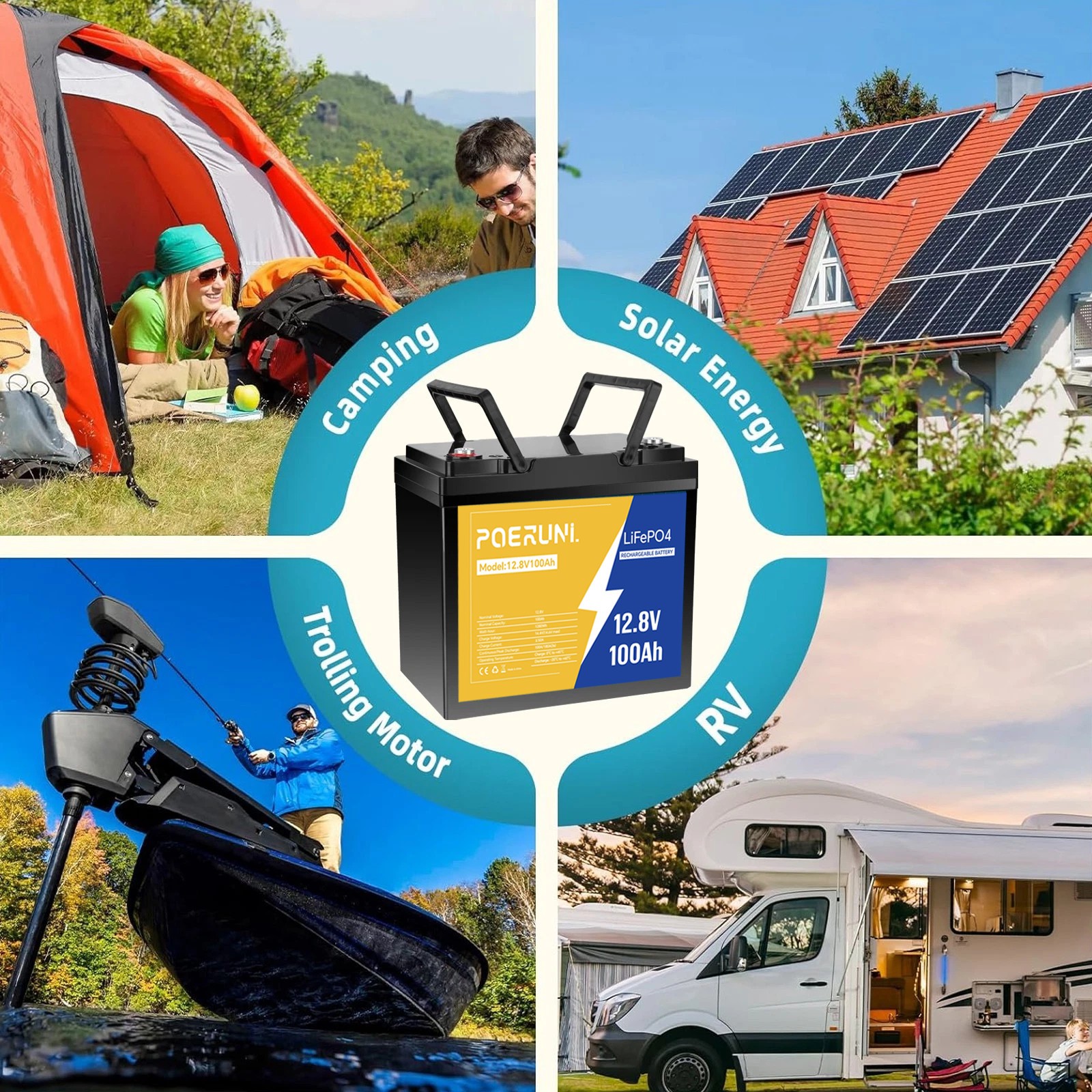 POERUNI 12V 100Ah LiFePO4 Deep Cycle 15000+ Lithium Battery Built-in BMS RV NEW