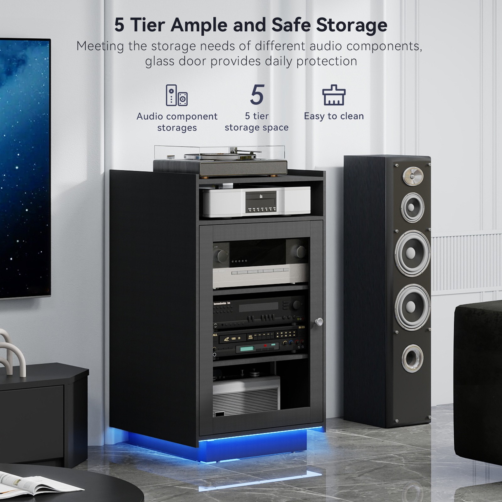 5-Tier Media Cabinet with LED Lights, Tempered Glass Door, Black AV Stand