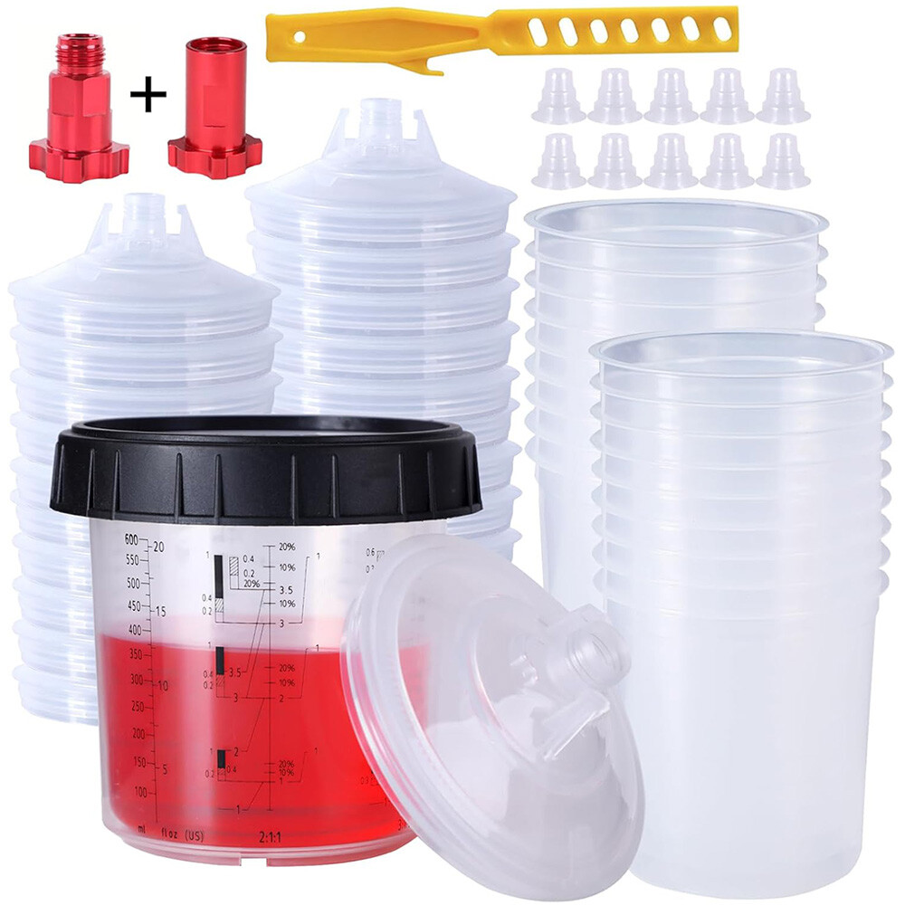 50Packs PPS CUPS Disposable Paint Spray Gun Cup Liners and Lid System 600ml/20Oz
