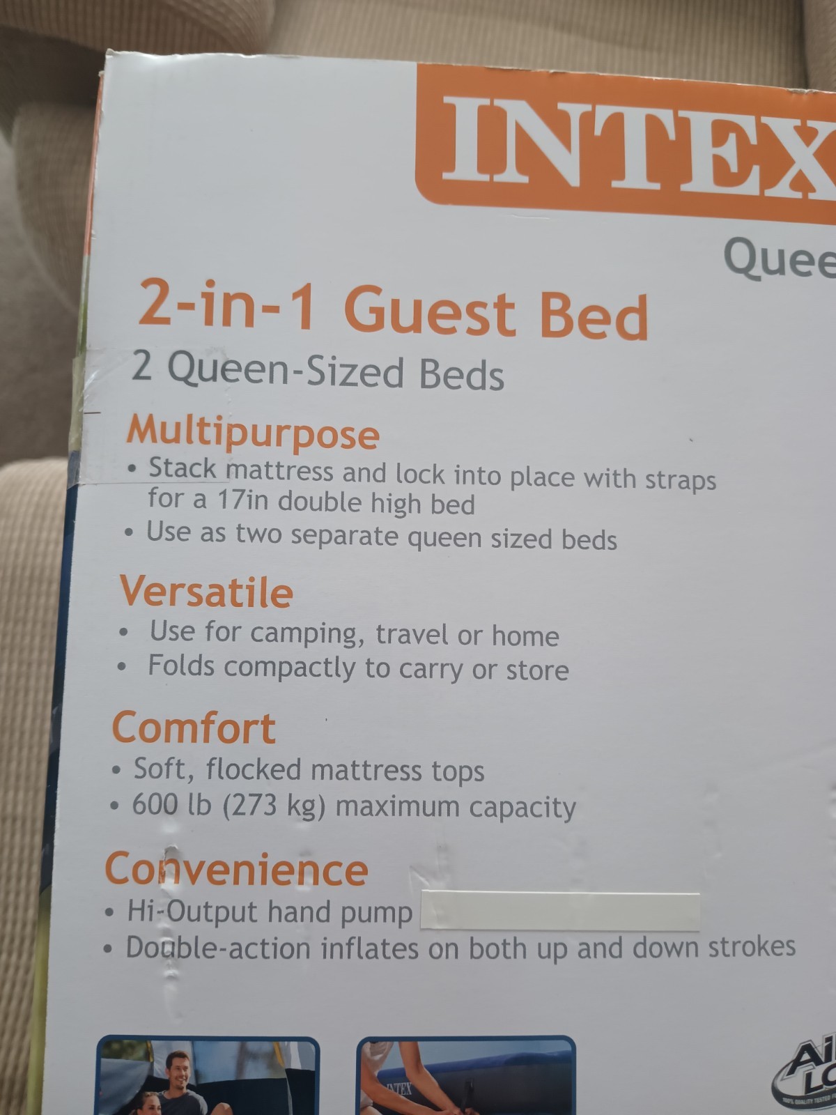 Intex 2 in 1 Guest Bed 2 Queen Sized Air Mattress Beds w/ Hi Output Hand Pump