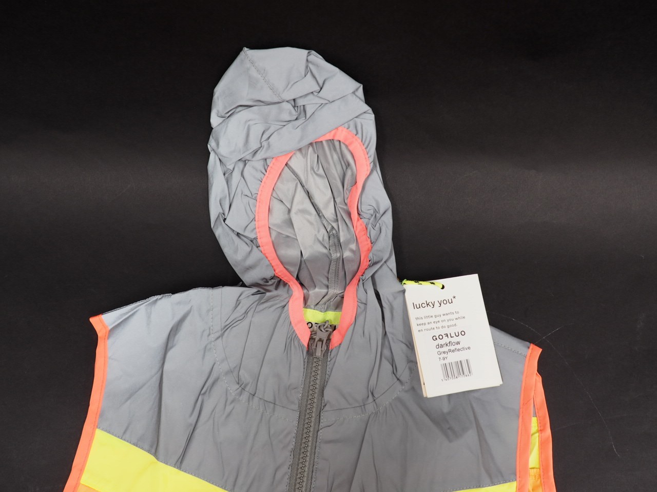 New! GOFLUO Darkflow Reflective Hooded Vest Youth Size 7-9Y Grey Reflective Neon