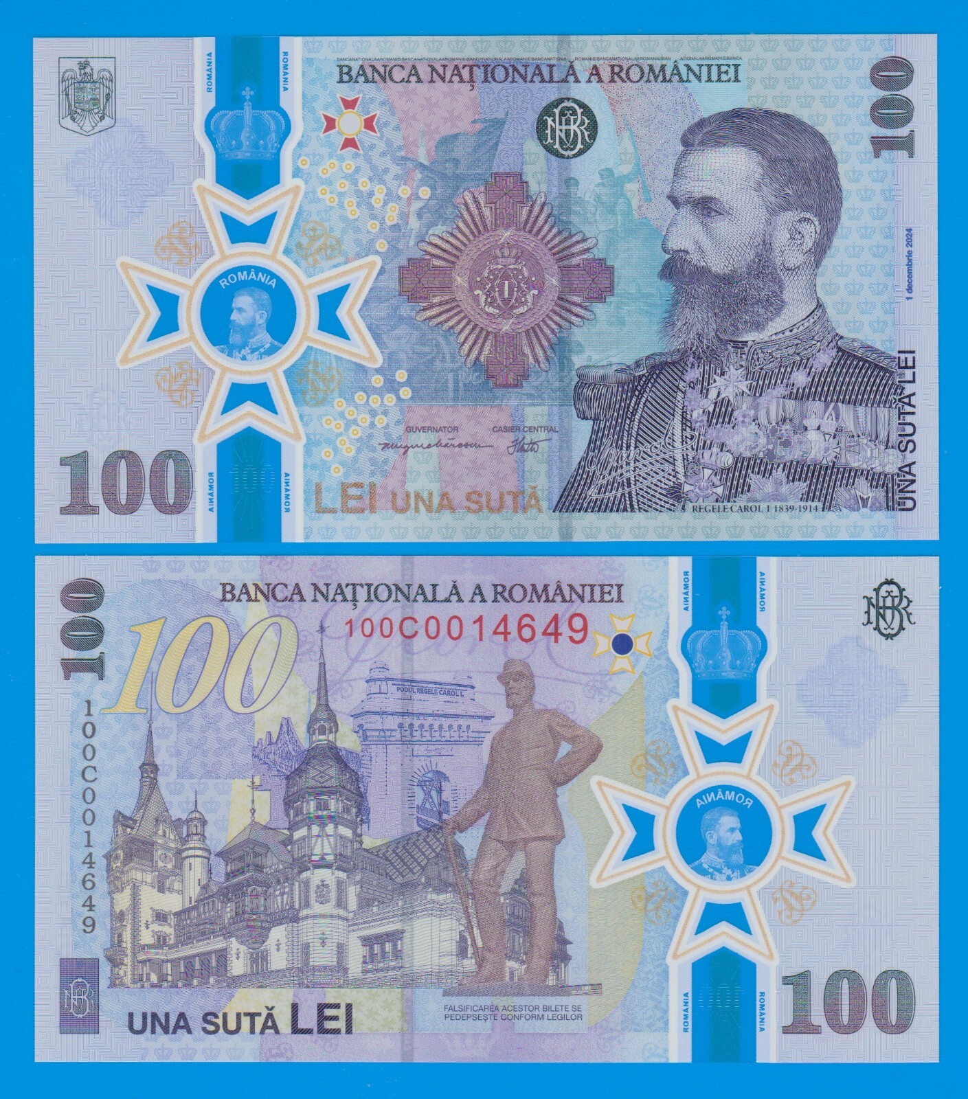 ROMANIA 100 Lei P 127 Polymer 2024 Commemorative 185 King Carol UNC. NO FOLDER!