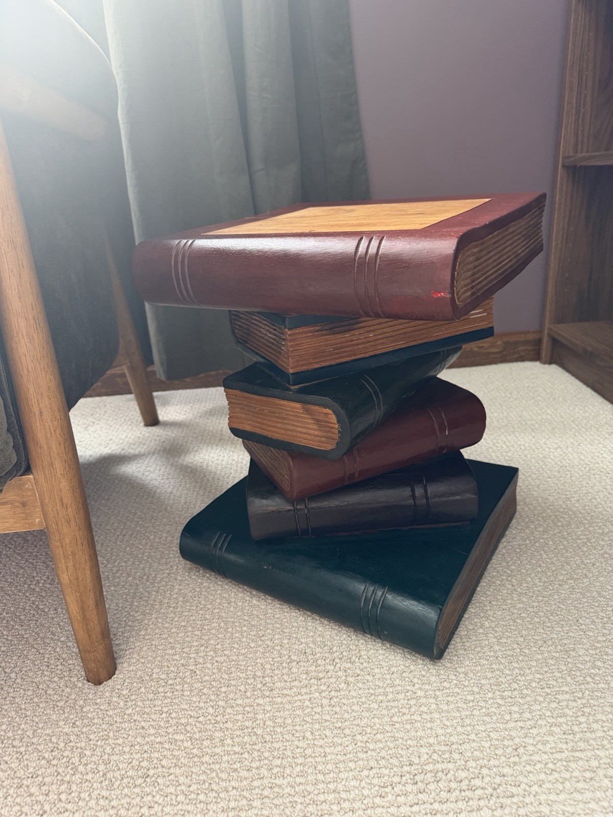 Trompe L’oeil Stacked Book Table Hand Painted Real Walnut 1970s 16x13x12  VTG