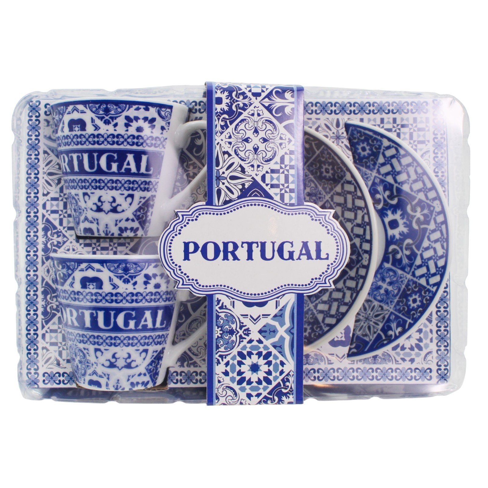 Portuguese Azulejo Espresso Cup & Saucer Set - Blue Tile Design, Set of 2