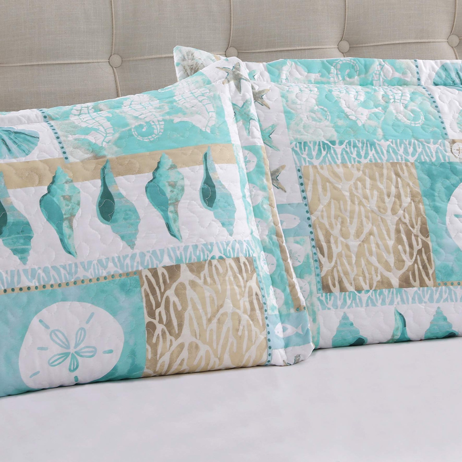 3 Piece Beach Quilt Set King Size Coastal Bedding Set Blue Green Lightweight ...